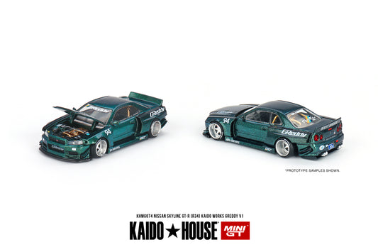 Preorder - August 2023 - 1/64 Nissan Skyline GT-R R34 Kaido Works Greddy V1, green metallic