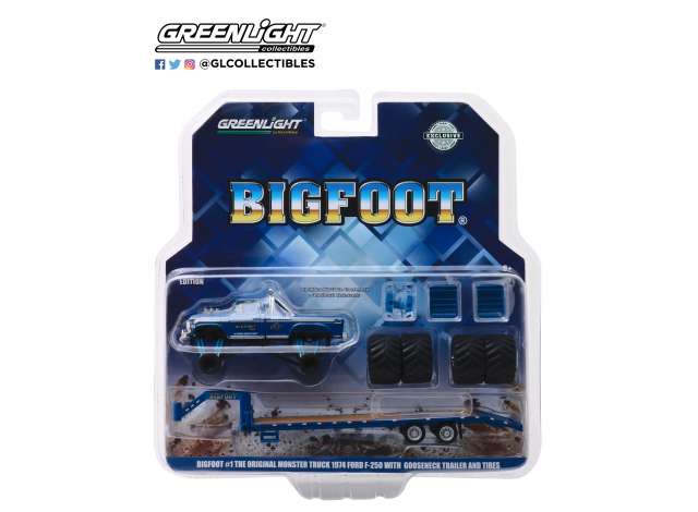 1/64 1974 Ford F250 Monster Truck on Gooseneck Trailer with Regular and Replacement 66" Tires *Bigfoot #1 The Original Monster Truck 1979*, blue