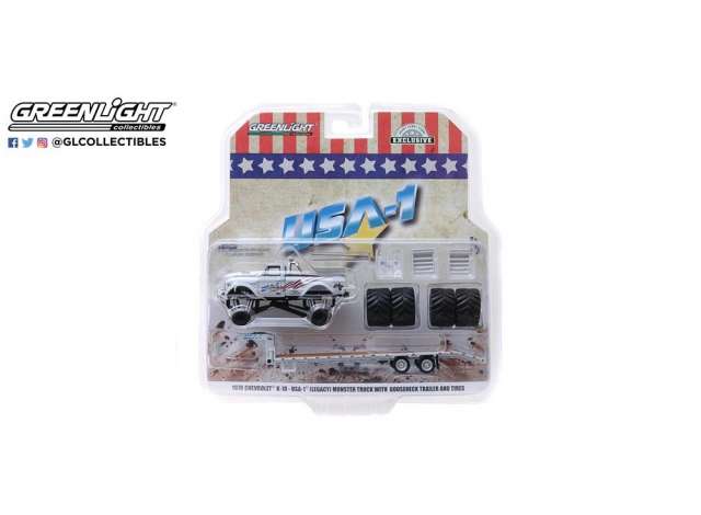 1/64 1970 Chevrolet K-10 Monster Truck on Gooseneck Trailer with Regular and Replacement 66inch Tires
