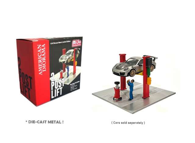 1/64 2 Post Lift with Oil Drainer & Mechanic figure, red