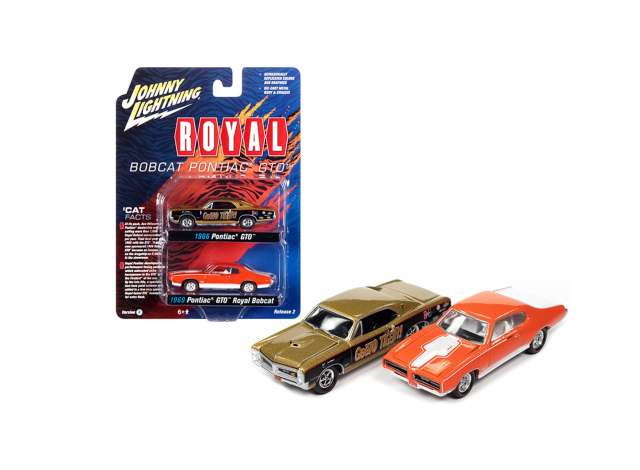 1/64 1966 Pontiac GTO, tiger gold with black sides and GeeTO Graphics & 1969 Pontiac GTO Royal Bobcat, orange body with white stripes & hood