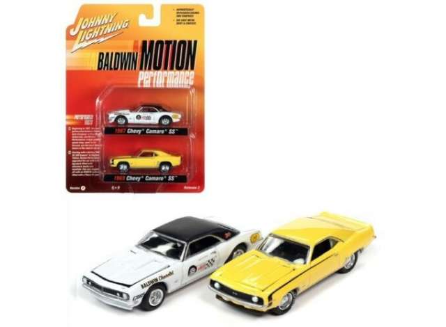 1/64 1969 Camaro, daytona yellow with black side stripes1967 Chevy Camaro, gloss white with flat black roof Includes Motion Supercar Club Race Graphics