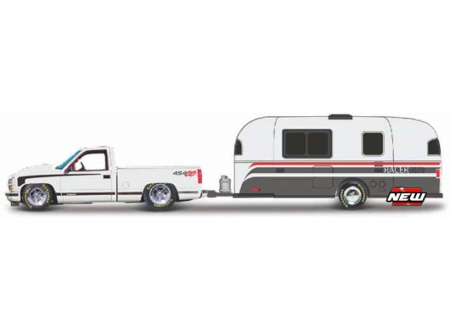 Preorder - Q2 2023 - 1/64 1999 Chevrolet 454SS + Camper Trailer, white/grey/red