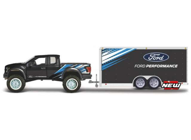 Preorder - Q2 2023 - 1/64 2021 Ford F-150 Raptor + Car Trailer, black/blue/white