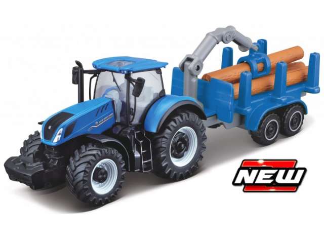 Preorder - Q2 2023 - 1/64 3inch New Holland T7.315 HD with Log Trailer - Mini Work Machine, blue