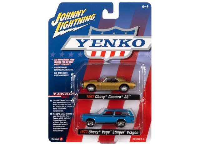 Johnny Lightning 1967 Chevrolet Camaro SS Royal Plum Metallic and 1972 Chevrolet Vega Stinger Wagon Dark Green Metallic Yenko Set of 2 Cars 1/64