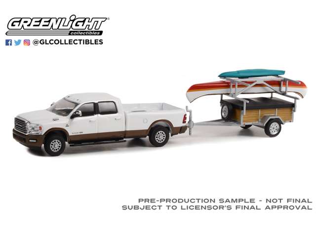 1/64 2022 Ram 2500 Limited Longhorn Bright White & Walnut Brown with Canoe Trailer with Canoe Rack, Canoe and Kayak *Hitch & Tow Series 26*, white-beige