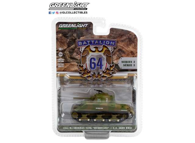 1/64 1944 M4 Sherman Tank Hurricane U.S. Army World War II 66th Armor Regiment 2nd U.S. Armored Division, Normandy *Battalion 64 Series 3*, army green