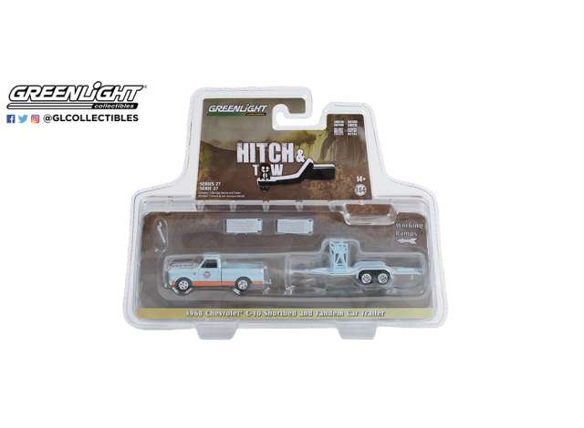 1/64 1968 Chevrolet C/K Shortbed Gulf Oil and Gulf Oil Tandem Car Trailer *Hitch & Tow Series 27*, blue/orange