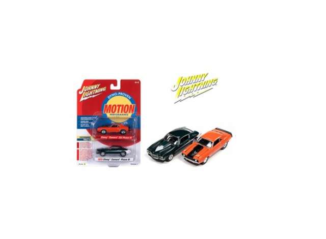 1/64 Baldwin Motion 2-pack:1x 1969 Chevrolet Camaro ZLX, Hugger Orange with  Black Hood Stripe & Rear Stripe 1x 1973 Chevrolet Camaro Phase III, Dark