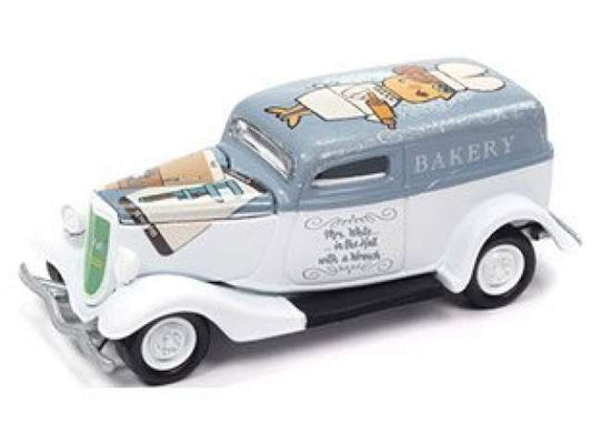 1/64 Vintage Clue 1933 Ford Delivery, Mrs. White, Hall with Wrench & Poker Chip, Flat White & Light Blue