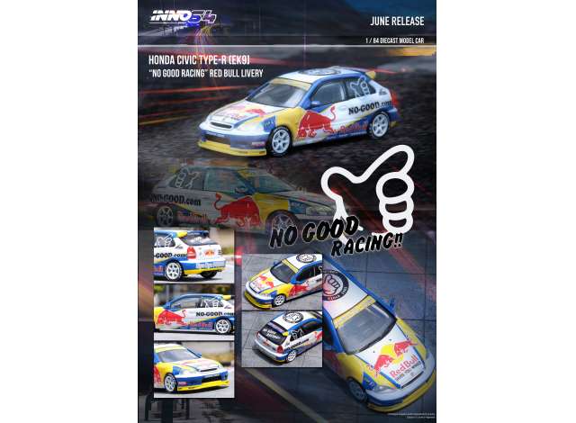 Preorder - August 2023 - 1/64 Honda Civic Type-R (EK9) *No Good Racing* Red Bull livery, white/blue/yellow