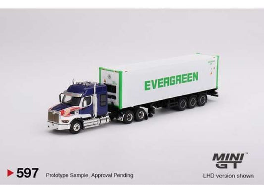 Preorder - October 2023 -  1/64 Western Star 49X with 40ft Reefer Container *EVERGREEN*, blue/white/green