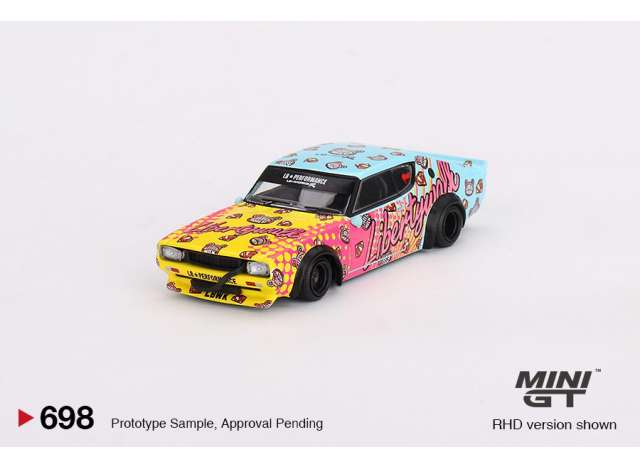 Preorder April 2024 - 1/64 1973 Nissan Skyline Kenmeri Liberty Walk, yellow/pink/light blue