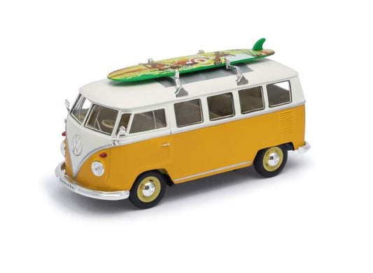 1/24 1962 Volkswagen classical bus, yellow/white with surfboard on the roof.