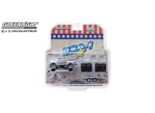 1/64 1970 Chevrolet K-10 Monster Truck on Gooseneck Trailer with Regular and Replacement 66inch Tires