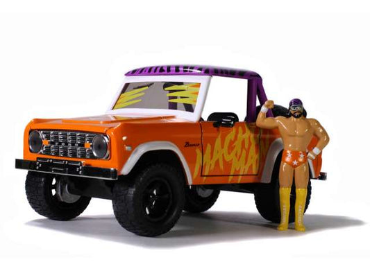 1/24 1973 Ford Bronco Including a diecast *Macho Man* Randy Savage figure, orange/purple/white