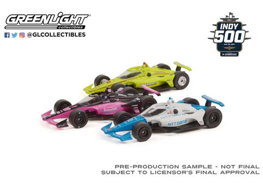 1/64 2021 Indy 500 Podium 3-Car Set with Helio Castroneves, Alex Palou & Simon Pagenaud.