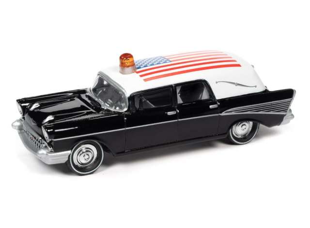 1/64 1957 Chevrolet Hearse, black & white with american flag