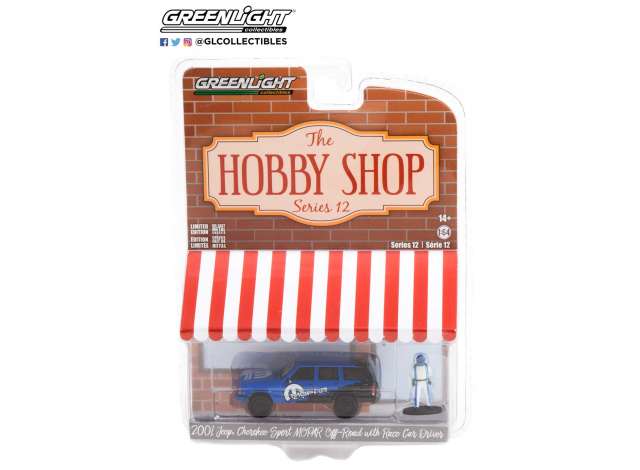 1/64 2001 Jeep Cherokee Sport MOPAR Off-Road with Race Car Driver *The Hobby Shop Series 12*, blue/black