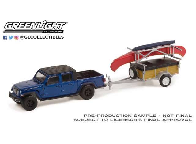 1/64 2021 Jeep Gladiator Texas Trail Limited Edition with Canoe Trailer with Canoe Rack Canoe and Kayak *Hitch & Tow Series 24*, hydro blue pearl coat