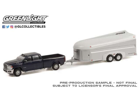 1/64 2021 Ram 3500 Laramie Crew Cab with Aerovault MKII Trailer white and bare aluminum *Hitch & Tow Series 24*, maximum steel metallic clear