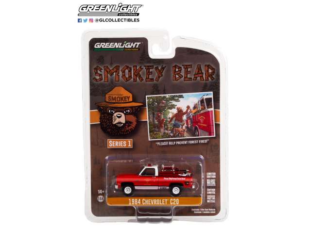 1/64 1984 Chevrolet C20 Custom Deluxe with Fire Equipment Hose and Tank *Please! Help Prevent Forest Fires!* Smokey Bear Series 1, red