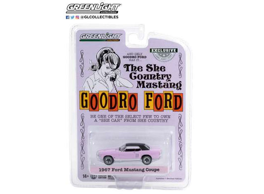 1/64 1967 Ford Mustang Coupe *She Country Special*, Bill Goodro Ford, Denver, Colorado,Evening Orchid (Hobby Exclusive), pink