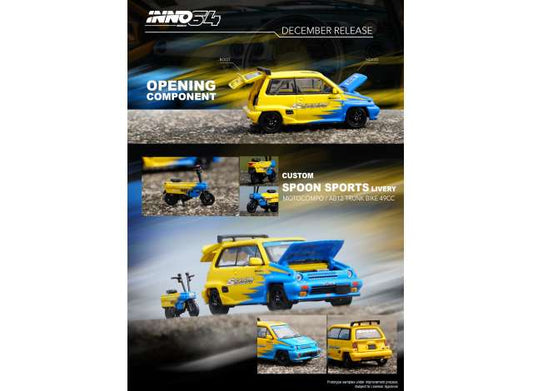 1/64 1984 Honda City Turbo II *Spoon Sports*, yellow/blue with yellow/blue Motocompo