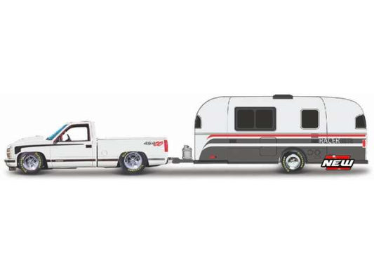 Preorder - Q2 2023  - 1/64 1999 Chevrolet 454SS + Camper Trailer, white/grey/red