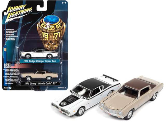 1/64 Class of 1971 2-pack1971 Dodge Charger Super Bee, white body with flat black roof & stripes With 1971 Chevrolet Monte Carlo, sandalwood with flat brown roof