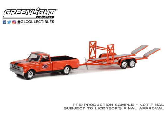 1/64 1968 Chevrolet C-10 STP with Bed Cover and STP Tandem Car Trailer *Hitch & Tow Series 26*, red/blue