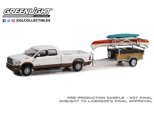 1/64 2022 Ram 2500 Limited Longhorn Bright White & Walnut Brown with Canoe Trailer with Canoe Rack, Canoe and Kayak *Hitch & Tow Series 26*, white-beige