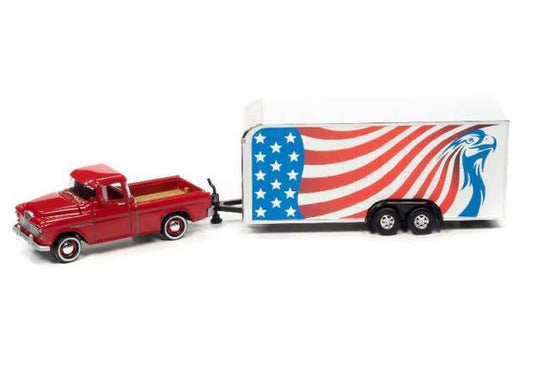 1/64 1955 Chevrolet Cameo with Enclosed Car Trailer, red