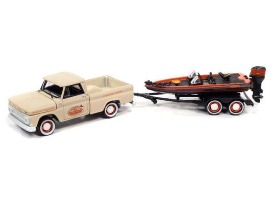 1/64 1965 Chevrolet Stepside Pickup with Bass Boat and Trailer, Pale Beige/Orange/Black