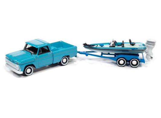1/64 1965 Chevrolet Stepside Pickup with Bass Boat and Trailer, Turquoise/Blue/White