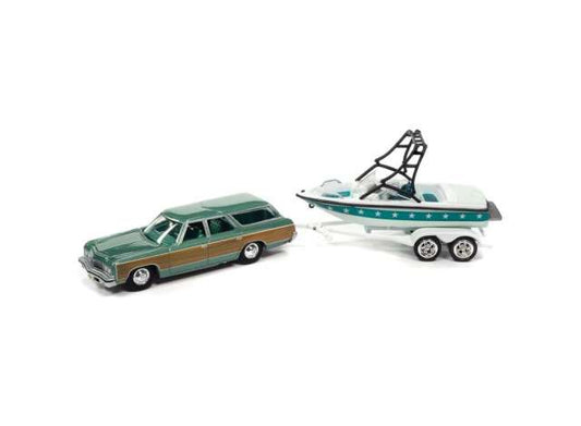 1/64 1973 Chevrolet Caprice Wagon with Mastercraft Boat and Trailer, Green Woody/ light and dark Green