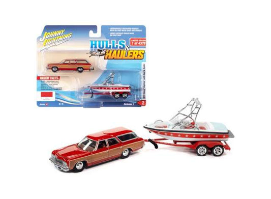 1/64 1973 Chevrolet Caprice Wagon with Mastercraft Boat and Trailer, red Woody/ red and white