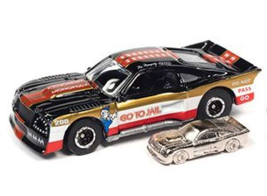 1/64 Monopoly 1975 Ford Mustang Cobra II Racer (Go To Jail), Black/White/Red Stripes