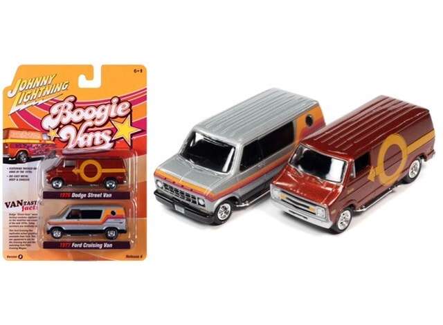 1/64 1976 Dodge Street Van, Brown/Yellow Graphics1977 Ford Cruisin Van, Silver/Yellow/Orange/Fushia