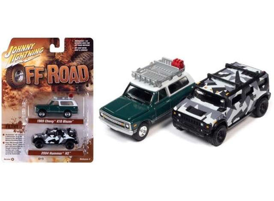 1/64 1x 1969 Chevrolet Blazer, Dark Green/White Roof2004 Hummer H2, White/Black/Gray Urban Camo Wrap