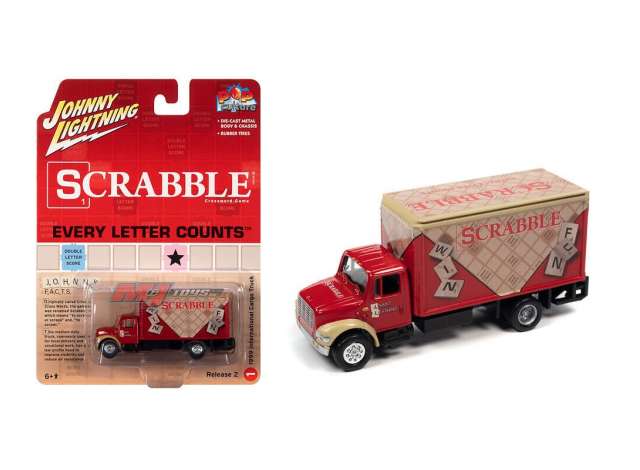 1/64 1999 International Cargo Truck *Scrabble*, Red with Scrabble Graphics