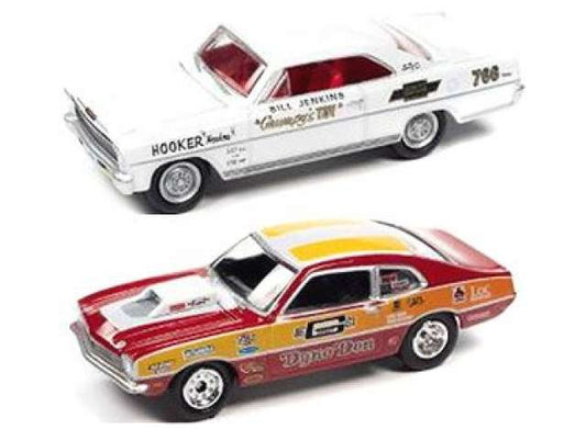 1/64 Dyno Don Nicholson 1970 Ford Maverick, Red/Orange/White, Dyno Don Race Graphics 2: Bill Grumpy Jenkins 1966 Chevrolet Nova, White, Bill Jenkins Grumpy’s Toy Graphics