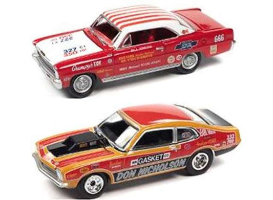 1/64 Dyno Don Nicholson 1970 Ford Maverick, Orange/ Red/Black, Dyno Don Race Graphics 2: Bill Grumpy Jenkins 1966 Chevrolet Nova, Red/White, Bill Jenkins Grumpy’s Toy Graphics