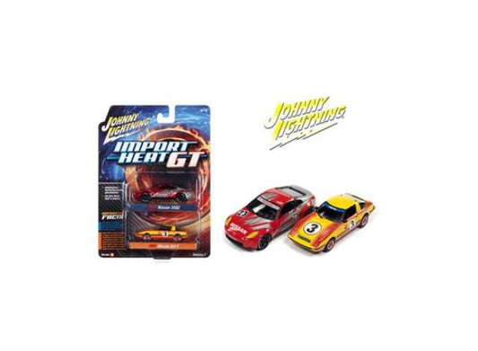 1/64 Import Heat/GT 2-pack:1x 2006 Nissan 350Z #23, Red with Silver Graphics & Nissan Logos. 1x 1981 Mazda RX-7 #3, Yellow with Red, Orange Side & Hood Stripes