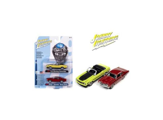 1/64 Class of 1972 2-pack:1x 1972 Ford Mustang Convertible, Bright Lime with Flat Black Hood & Side Stripes 1x 1972 Chevrolet Chevelle SS Heavy Chevrolet, Orange Flame with Heavy Chevy Emblem & Black Side Stripe