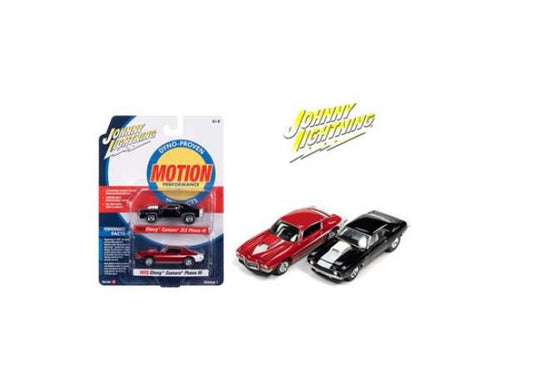 1/64 Baldwin Motion 2-pack:1x 1969 Chevrolet Camaro ZLX, Black with White Hood Stripe & Rear Stripe 1x 1973 Chevrolet Camaro Phase III, Medium Red with Hood, Side & Rear Stripes