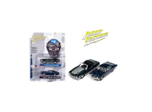 1/64 Class of 1972 2-pack:1x 1972 Ford Mustang Convertible, Dark Green Poly w/Silver Hood & Side Stripes 1x 1972 Chevrolet Chevelle SS Heavy Chevrolet, Fathom Blue with Heavy Chevy Emblem & White Side Stripe