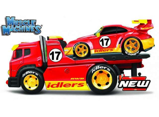 Preorder - Q2 2023 - 1/64 1995 JDM Flatbed + RWB 911 993 Muscle Transports *Muscle Machines*, red/yellow