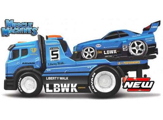 Preorder - Q2 2023 - 1/64 1999 JDM Flatbed + Nissan Skyline GT-R (R34) Liberty Walk Muscle Transports *Muscle Machines*, blue/black